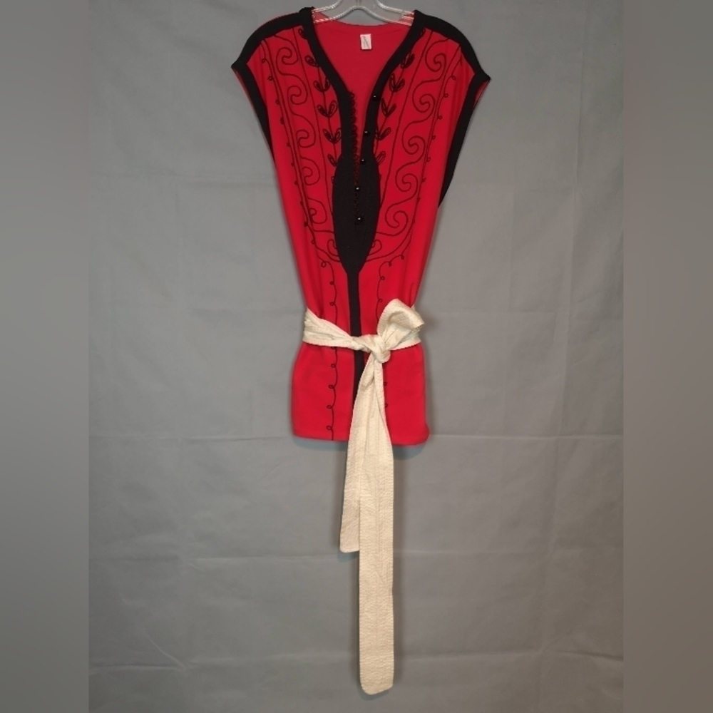 Neo-Vintage Eco-lux Embroidered Wool RED Black Morrocain Cropped Kaftan Dress